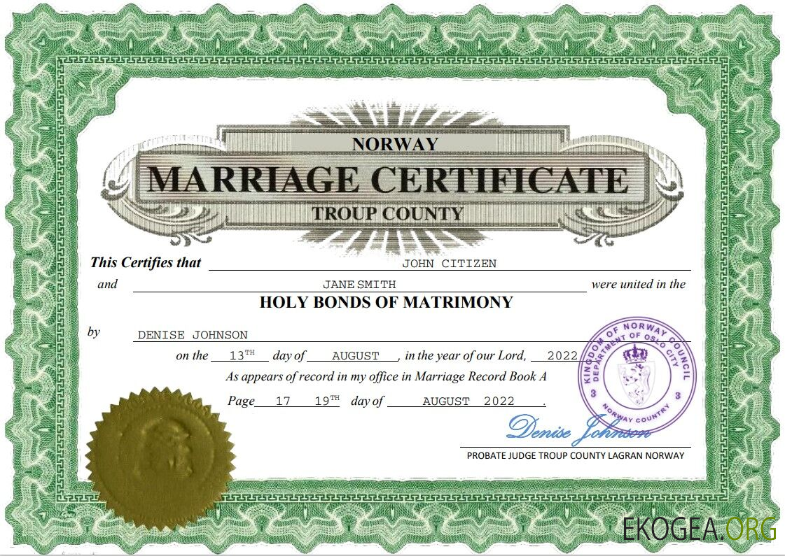 Modèle Word et PDF d'acte de mariage en Norvège